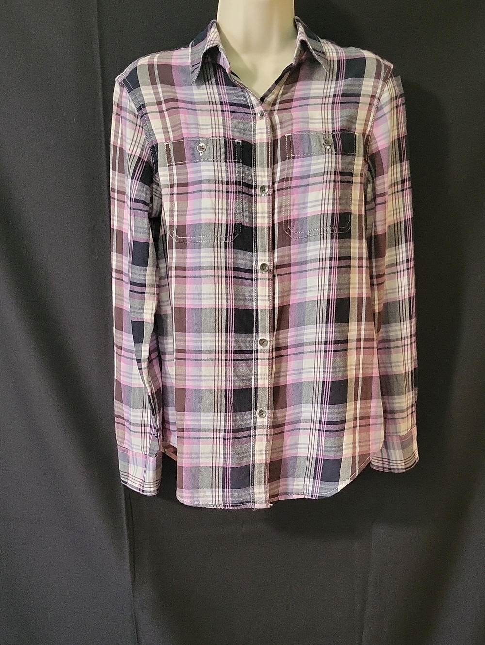 Chaps Women's Plaid Button-Down Shirt in Pink, Black and White, Size S